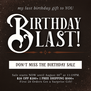 A promotional sale graphic with the text 'my last birthday gift to YOU' and large 'BIRTHDAY LAST!' lettering on a dark brown background, plus sale details and offer text below.