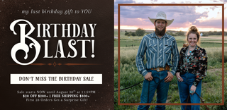 A promotional birthday sale banner with a dark brown left panel reading 'my last birthday gift to YOU Birthday Blast! DON'T MISS THE BIRTHDAY SALE' and a right panel showing a man and woman standing outdoors in a field at sunset.