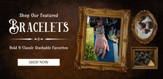 Advertisement for bracelets with a gold frame and images of hands wearing jewelry.