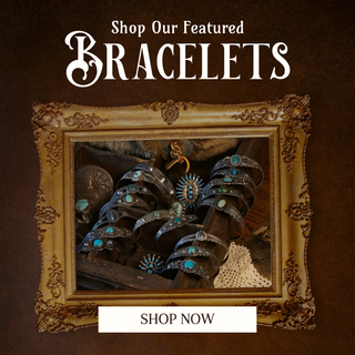 Decorative frame with bracelets and 'Shop Our Featured Bracelets' text on a brown background