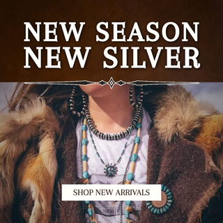 A promotional banner with the text 'NEW SEASON NEW SILVER' in white on a dark brown background, above a close-up of a person wearing layered silver-toned necklaces, turquoise beads, and a brown fur-trimmed coat. A lower label reads 'SHOP NEW ARRIVALS'.