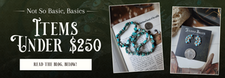 Promotional blog banner with images of silver and turquoise, western jewelry and text that says "Not So Basic, Basics. Items Under $250" | Texanna Belles | Dodge, NE