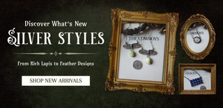 Promotional banner for 'Silver Styles' by Rich Lapis to Feather Designs, showcasing three gold-framed display cases containing various silver jewelry pieces, including earrings and necklaces, against a dark textured background.