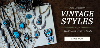 Vintage-style jewelry on a textured surface with promotional text for a new collection.