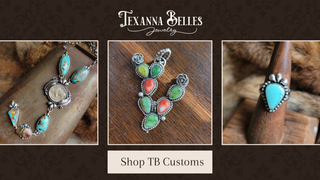 Texanna Belles jewelry with turquoise and coral stones on a wooden background | Texanna Belles Jewelry
