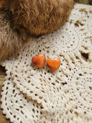 Orange Spiny Heart Studs - A
