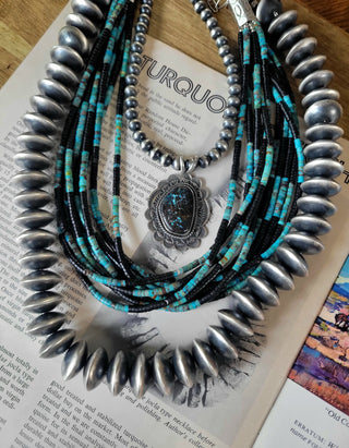 The Jamee 10 Strand Heishi Necklace - Onyx & Turquoise