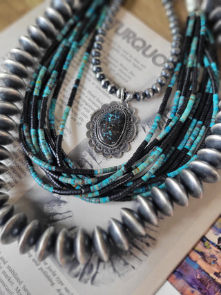 The Jamee 10 Strand Heishi Necklace - Onyx & Turquoise
